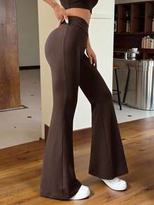 SHEIN EZwear 棕色針織女士修身喇叭褲 - 巧克力棕 - 查看 5