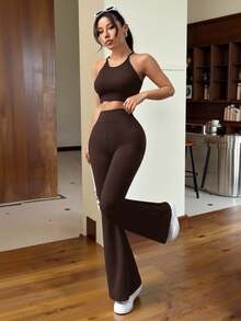 SHEIN EZwear 棕色針織女士修身喇叭褲 - 巧克力棕 - 查看 4
