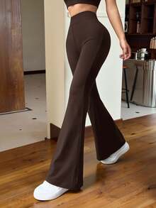 SHEIN EZwear 棕色針織女士修身喇叭褲 - 巧克力棕 - 查看 3