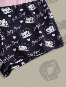 Betty Boop x SHEIN 女款U領無袖可愛印花睡衣套裝 - 黑粉紅色 - 查看 7