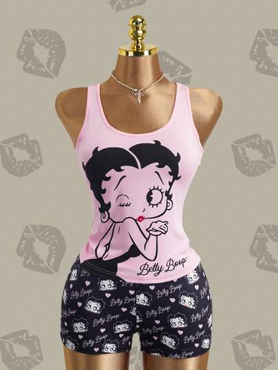 Betty Boop x SHEIN Women's U-Neck Sleeveless Cute Printed Pajama Set