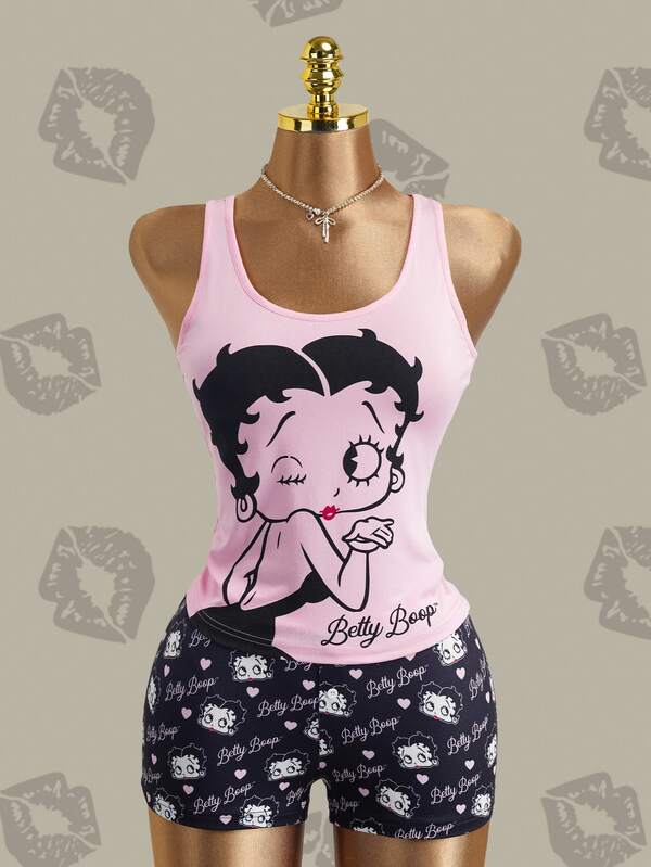 Betty Boop x SHEIN Women's U-Neck Sleeveless Cute Printed Pajama Set