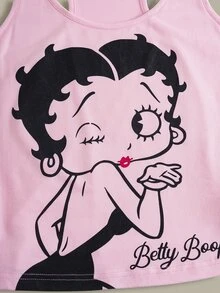 Betty Boop x SHEIN 女款U領無袖可愛印花睡衣套裝 - 黑粉紅色 - 查看 4