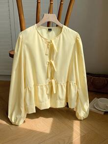 SHEIN EZwear 女款優雅淡黃色夏季雪紡襯衫，花瓣泡泡燈籠袖蝴蝶結休閒度假上衣，奶油淡黃色早午餐上衣 - 鵝黃色 - 查看 5