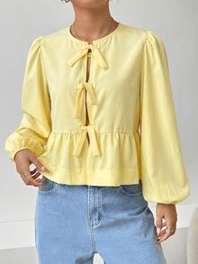 SHEIN EZwear 女款優雅淡黃色夏季雪紡襯衫，花瓣泡泡燈籠袖蝴蝶結休閒度假上衣，奶油淡黃色早午餐上衣 - 鵝黃色 - 查看 4