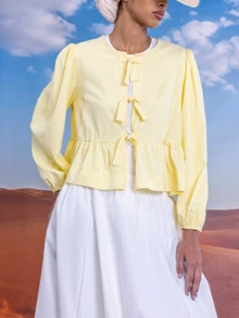 SHEIN EZwear 女款優雅淡黃色夏季雪紡襯衫，花瓣泡泡燈籠袖蝴蝶結休閒度假上衣，奶油淡黃色早午餐上衣 - 鵝黃色 - 查看 6