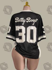 Betty Boop x SHEIN 大尺碼女款卡通印花V領落肩休閒圖案街頭風T恤 日穿黑色夏季 - 黑與白 - 查看 2