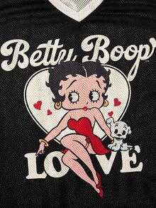 Betty Boop x SHEIN 大尺碼女款卡通印花V領落肩休閒圖案街頭風T恤 日穿黑色夏季 - 黑與白 - 查看 7