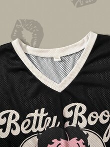 Betty Boop x SHEIN 大尺碼女款卡通印花V領落肩休閒圖案街頭風T恤 日穿黑色夏季 - 黑與白 - 查看 3