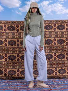 SHEIN EZwear Chaqueta larga con cremallera de punto verde militar para mujer, protección solar en otoño/invierno - Verde militar - Ver 6