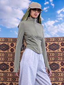 SHEIN EZwear Chaqueta larga con cremallera de punto verde militar para mujer, protección solar en otoño/invierno - Verde militar - Ver 7