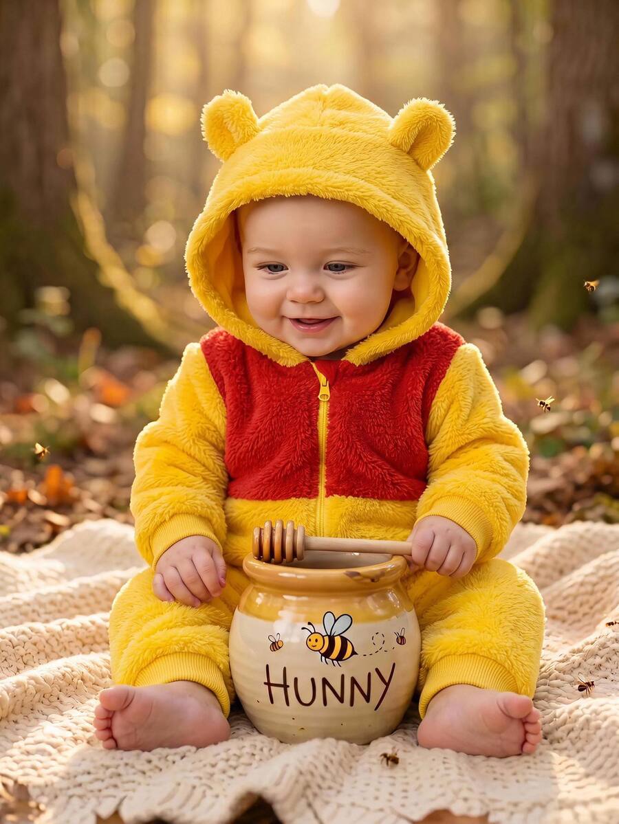 SHEIN Baby Boy Two Tone 3D Ears Design Hooded Flannel Jumpsuit - Multicolor - View 1