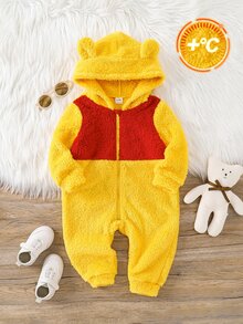 SHEIN 男嬰雙色 3D 耳朵設計連帽法蘭絨連身衣 - 彩色 - 查看 1