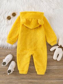 SHEIN 男嬰雙色 3D 耳朵設計連帽法蘭絨連身衣 - 彩色 - 查看 2