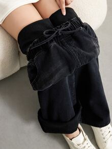 SHEIN Tall 女款腰部綁帶寬腿寬鬆休閒百搭牛仔褲 - 黑色 - 查看 7