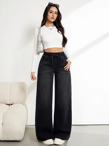 SHEIN Tall 女款腰部綁帶寬腿寬鬆休閒百搭牛仔褲 - 黑色 - 查看 4