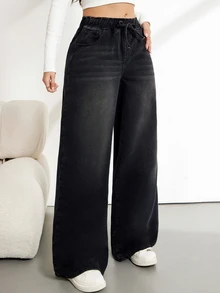 SHEIN Tall 女款腰部綁帶寬腿寬鬆休閒百搭牛仔褲 - 黑色 - 查看 6