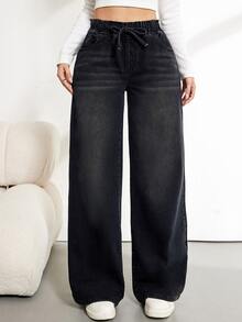 SHEIN Tall 女款腰部綁帶寬腿寬鬆休閒百搭牛仔褲 - 黑色 - 查看 8