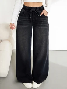 SHEIN Tall 女款腰部綁帶寬腿寬鬆休閒百搭牛仔褲 - 黑色 - 查看 3
