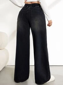 SHEIN Tall 女款腰部綁帶寬腿寬鬆休閒百搭牛仔褲 - 黑色 - 查看 2