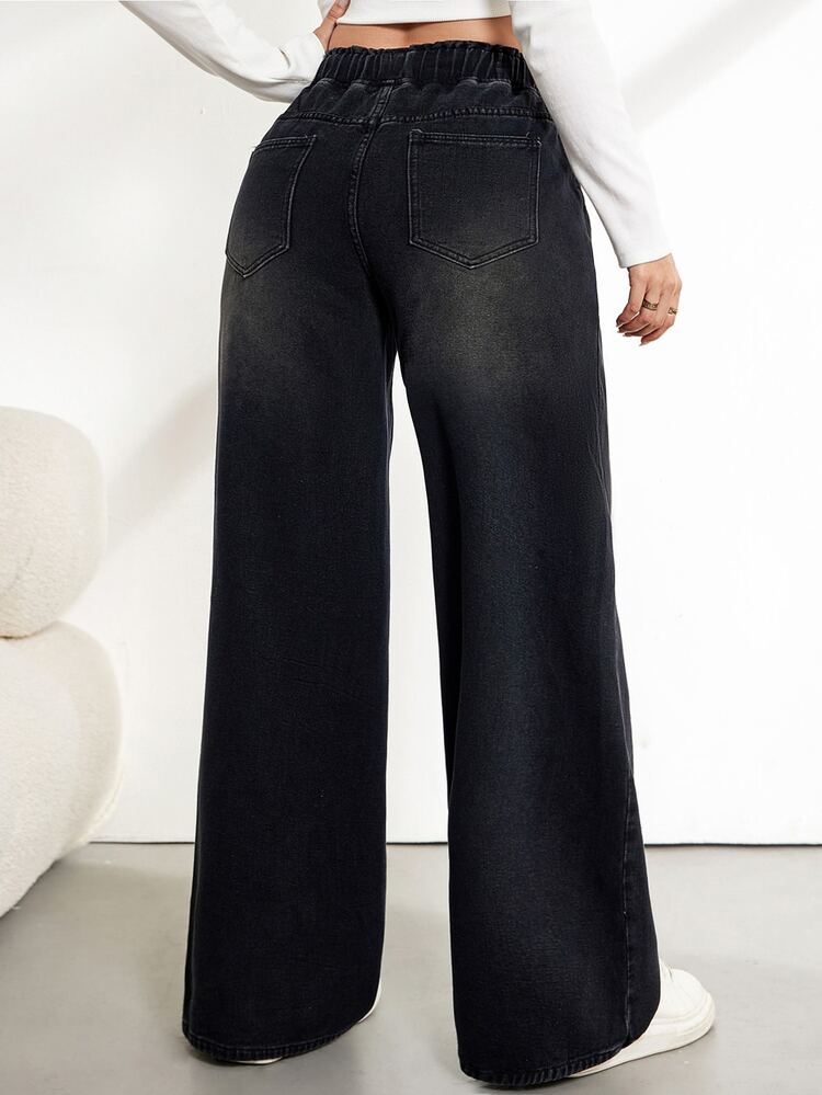 SHEIN Tall Women's Waist Tie Wide Leg Loose Casual Versatile Jeans - Black - View 2