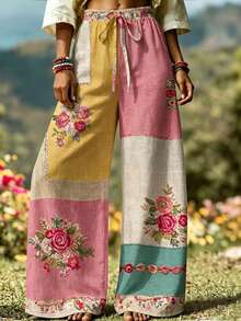 Selamara Plus Size Women's Lace-Up Waist Floral Print Casual Versatile Everyday Pants Fall - Multicolor - View 4