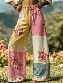 Selamara Plus Size Women's Lace-Up Waist Floral Print Casual Versatile Everyday Pants Fall - Multicolor - View 5