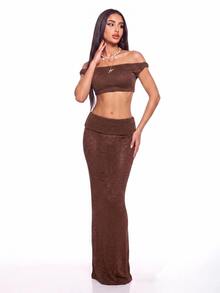SHEIN ICON 休闲度假风钩针编织鱼尾裙 - 棕色 - 查看 1