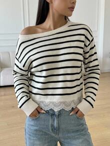 SHEIN Tween女孩條紋蕾絲休閒露肩針織毛衣，極簡舒適秋冬款 - 黑與白 - 查看 4