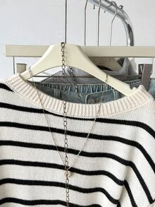 SHEIN Tween女孩條紋蕾絲休閒露肩針織毛衣，極簡舒適秋冬款 - 黑與白 - 查看 8
