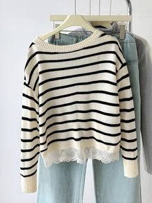 SHEIN Tween女孩條紋蕾絲休閒露肩針織毛衣，極簡舒適秋冬款 - 黑與白 - 查看 9