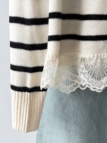 SHEIN Tween女孩條紋蕾絲休閒露肩針織毛衣，極簡舒適秋冬款 - 黑與白 - 查看 11
