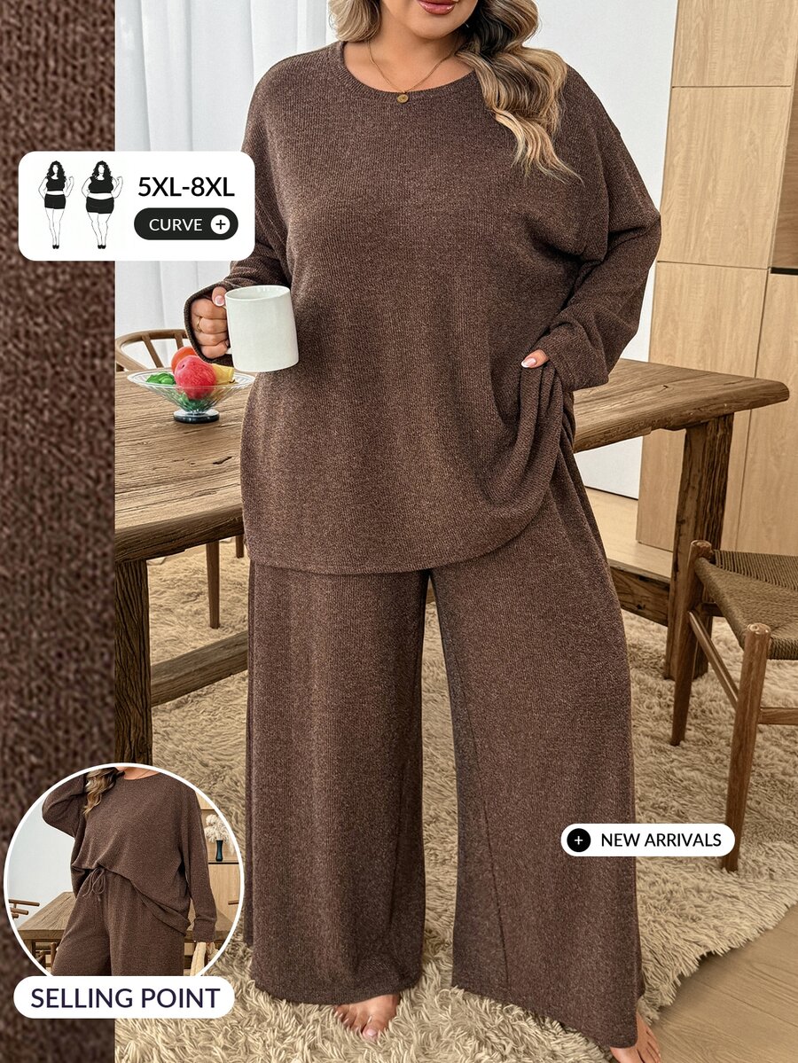 SHEIN CURVE+ طقم نسائي من قطعتين للمنزل بمقاسات كبيرة، كاجوال للخريف والشتاء، بلون بني شوكولاتة سادة، بقصة منحنية - بني - مشاهدة 1