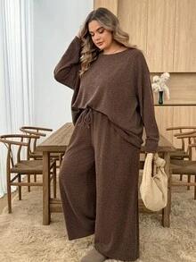 SHEIN CURVE+ طقم نسائي من قطعتين للمنزل بمقاسات كبيرة، كاجوال للخريف والشتاء، بلون بني شوكولاتة سادة، بقصة منحنية - بني - مشاهدة 9