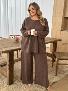 SHEIN CURVE+ طقم نسائي من قطعتين للمنزل بمقاسات كبيرة، كاجوال للخريف والشتاء، بلون بني شوكولاتة سادة، بقصة منحنية - بني - مشاهدة 8