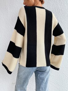Chiquease Suéter de hombros caídos de dos tonos, parte superior de punto de manga larga para otoño e invierno - Blanco y Negro - Ver 2