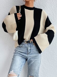 Chiquease Suéter de hombros caídos de dos tonos, parte superior de punto de manga larga para otoño e invierno - Blanco y Negro - Ver 3