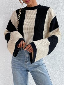 Chiquease Suéter de hombros caídos de dos tonos, parte superior de punto de manga larga para otoño e invierno - Blanco y Negro - Ver 4