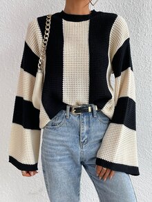 Chiquease Suéter de hombros caídos de dos tonos, parte superior de punto de manga larga para otoño e invierno - Blanco y Negro - Ver 7
