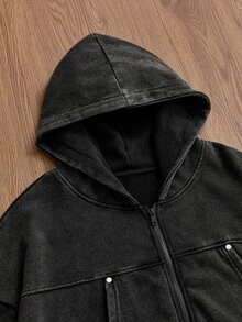 SWAVVY 男士針織時尚日常青年休閒寬鬆版型英文刺繡長袖連帽衫 - 黑色 - 查看 2