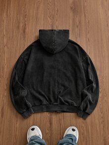 SWAVVY 男士針織時尚日常青年休閒寬鬆版型英文刺繡長袖連帽衫 - 黑色 - 查看 5