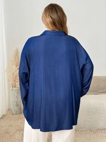 SHEIN CURVE+ Plus-Size Casual Denim Printed Shirt For Commuting Summer Outfits, Holiday Outfits, Beach Outfits, Fall - Blue - View 7