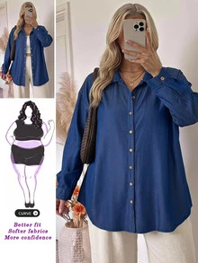 SHEIN CURVE+ Plus-Size Casual Denim Printed Shirt For Commuting Summer Outfits, Holiday Outfits, Beach Outfits, Fall - Blue - View 1