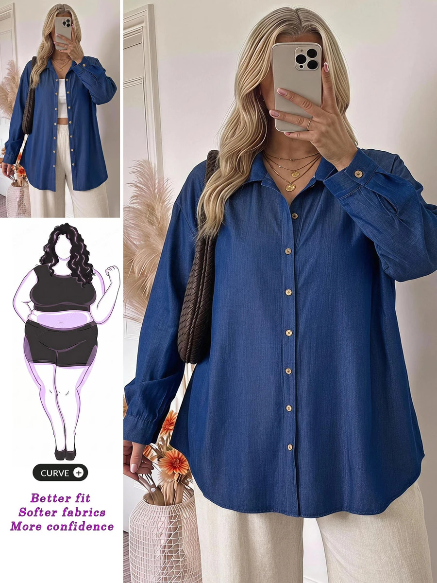SHEIN CURVE+ Plus-Size Casual Denim Printed Shirt For Commuting Summer Outfits, Holiday Outfits, Beach Outfits, Fall - Blue - View 1