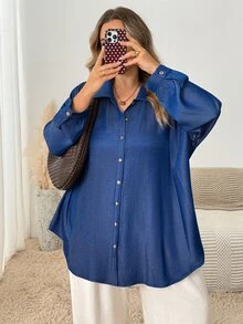 SHEIN CURVE+ Plus-Size Casual Denim Printed Shirt For Commuting Summer Outfits, Holiday Outfits, Beach Outfits, Fall - Blue - View 5