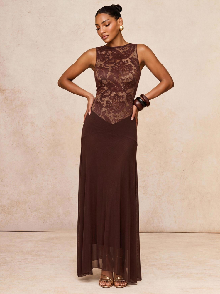 Lumalex Chocolate Brown Sleeveless High Neck Maxi Dress With Lace Bodice Racerback Drop Waist And Flowing Mesh Skirt Luxury For Parties Dinner Summer - Brown - View 4