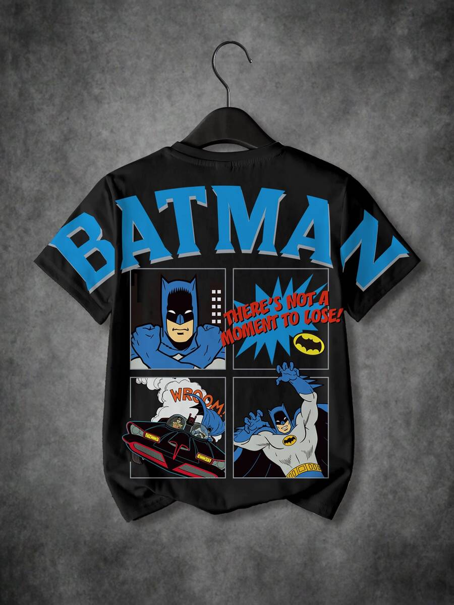 BATMAN X SHEIN 小男孩休閒印花拼接圓領短袖T恤，適合日常穿著 - 白色 - 查看 1