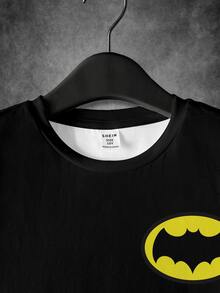 BATMAN X SHEIN 小男孩休閒印花拼接圓領短袖T恤，適合日常穿著 - 白色 - 查看 3