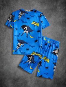 BATMAN X SHEIN 85th Tween Boys X 85th Anniversary Graphic Print Short Sleeve Fitted Loungewear - Blue - View 2