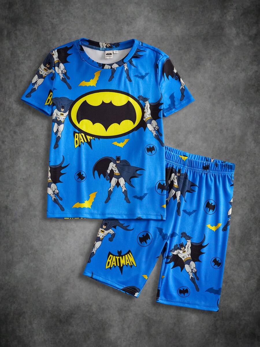 BATMAN X SHEIN 85th Tween Boys X 85th Anniversary Graphic Print Short Sleeve Fitted Loungewear - Blue - View 1